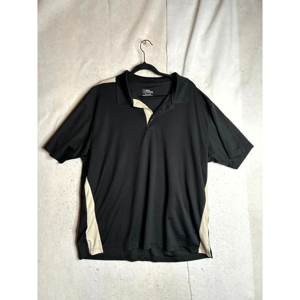 PGA Tour Polo Shirt Men's 2XL Black Beige Golf Performance Short Sleeve Popover